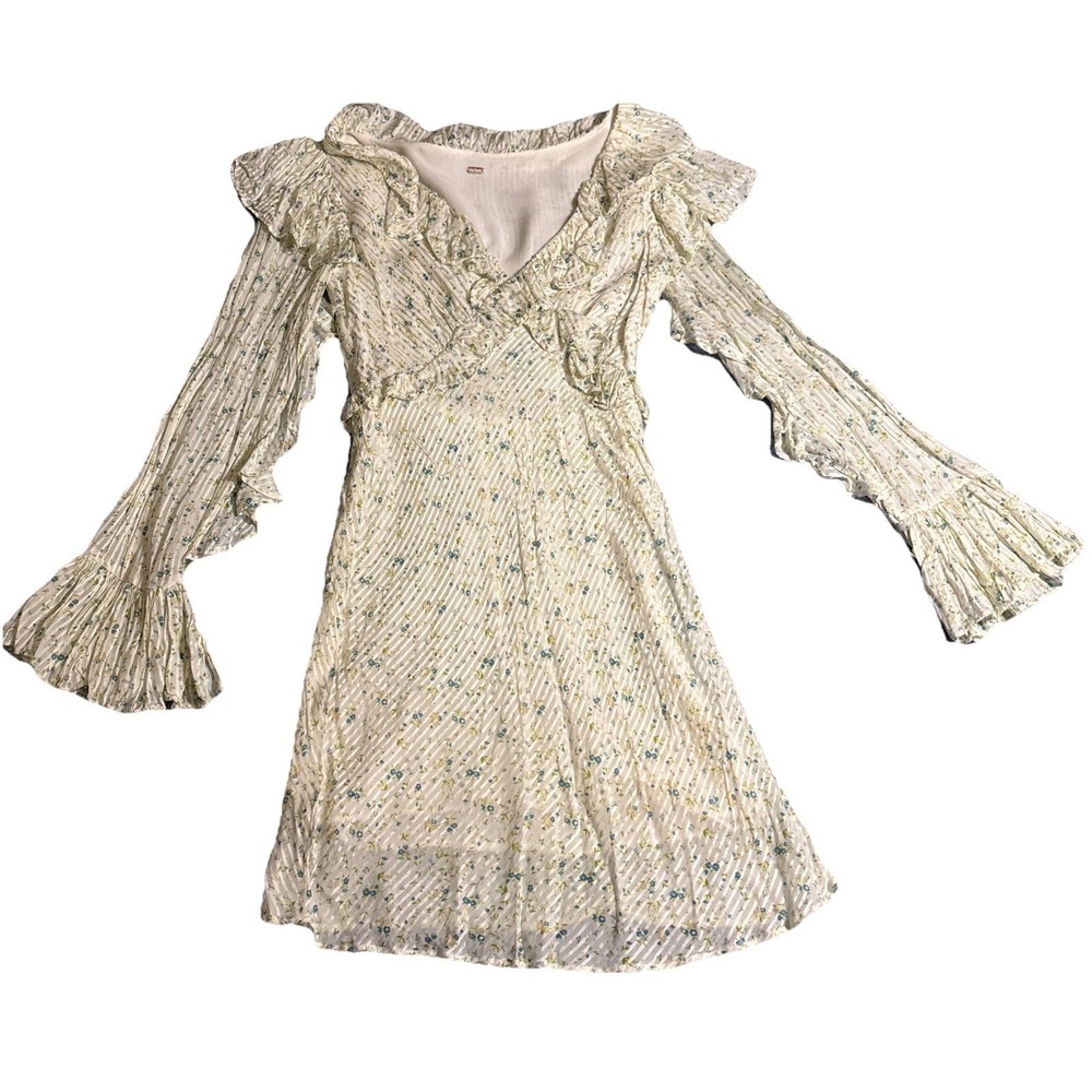 Free People Mini Dress Womens Cream Excellent Floral Ruffle Bell Sleeve Size 4